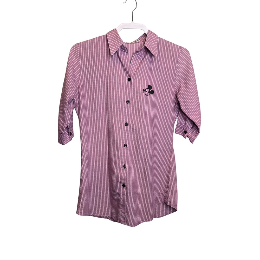 Vintage B-LINE Button Down Shirt Womens Purple Striped Mickey Mouse Graphic Back